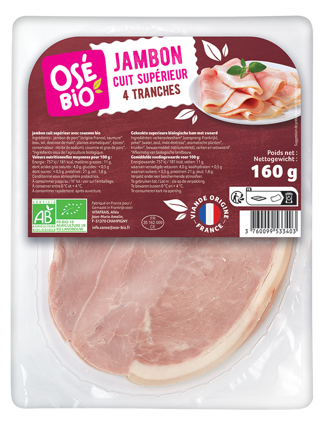 Jambon cuit supérieur 100% France, 4 tranches avec couenne, 160g, OSE BIO