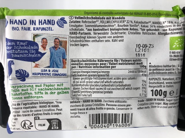Chocolat au lait et aux amandes, 100g, Rapunzel