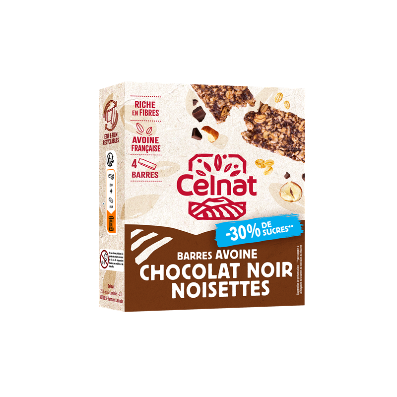 Barres chocolat noisettes -30% de sucres (4x25g) 100g, Celnat