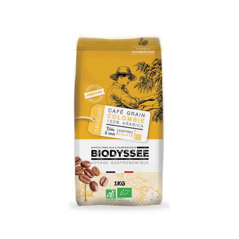 Café 100% Colombie pur arabica, 1kg grains, Biodyssee