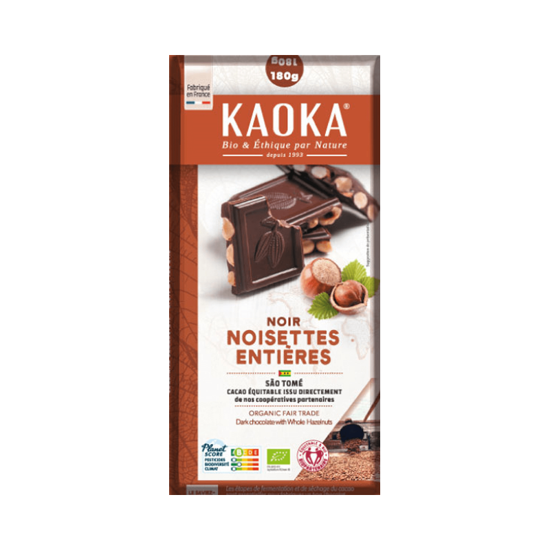 Chocolat noir 66% noisettes entières 180g, Kaoka
