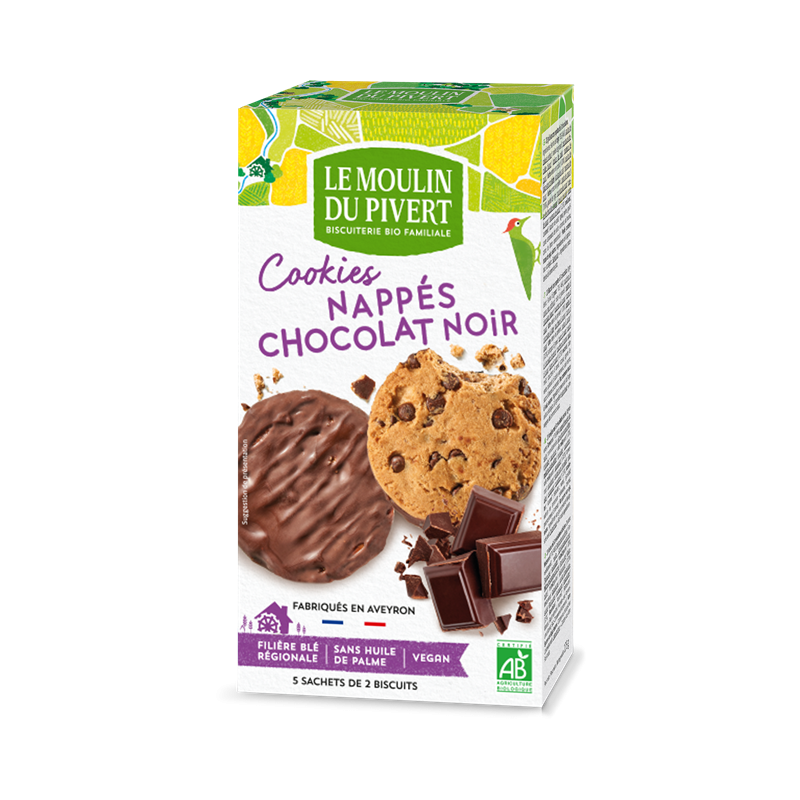 Cookies nappés au chocolat noir et pépites de chocolat noir 175g, végan, 175g, le Moulin du Pivert