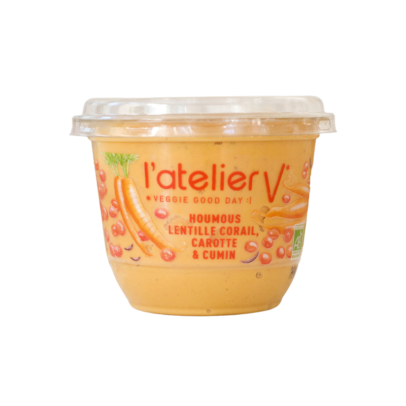 Houmous aux lentilles corail France, carotte et cumin, 150g, l'Atelier V