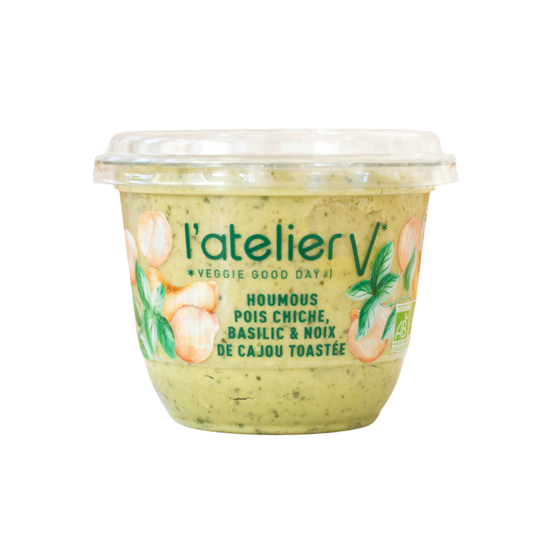 Houmous aux pois chiches France, basilic et noix de cajou toasté, 150g, l'Atelier V