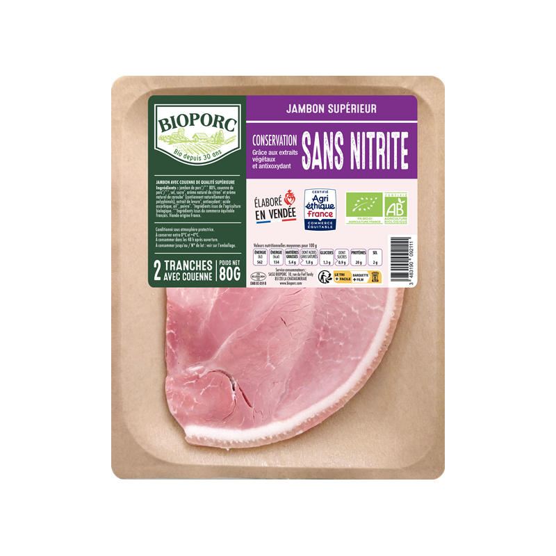 Jambon supérieur avec couenne conservation sans nitrite x2 80g, Bioporc