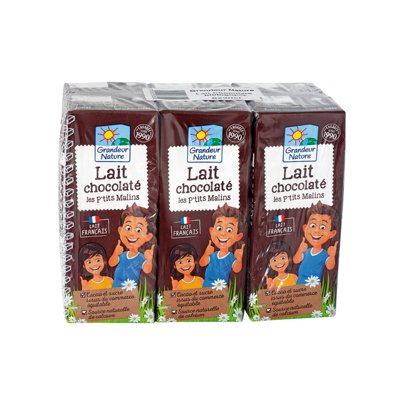 Lait chocolaté UHT Bio demi écrémé en briquettes de  25cl X 6 avec pailles, Grandeur nature