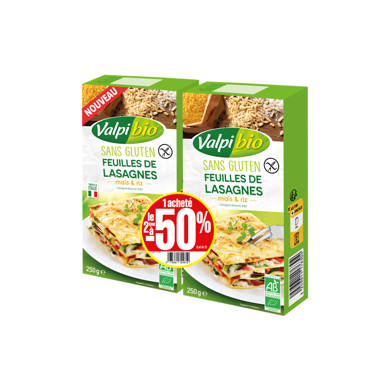 Lot de 2 pâte feuille de lasagnes maïs-riz 2x250g, Valpibio