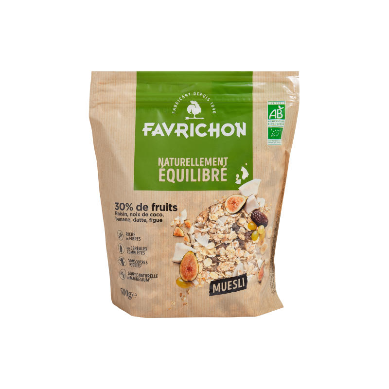 Muesli bien-être 30% fruits (raisin, banane, noix de coco, datte, figue),500g, Favrichon