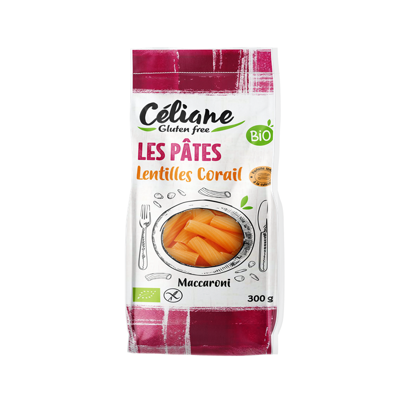 Pâte macaroni lentilles corail, sans gluten, 300g, Celiane