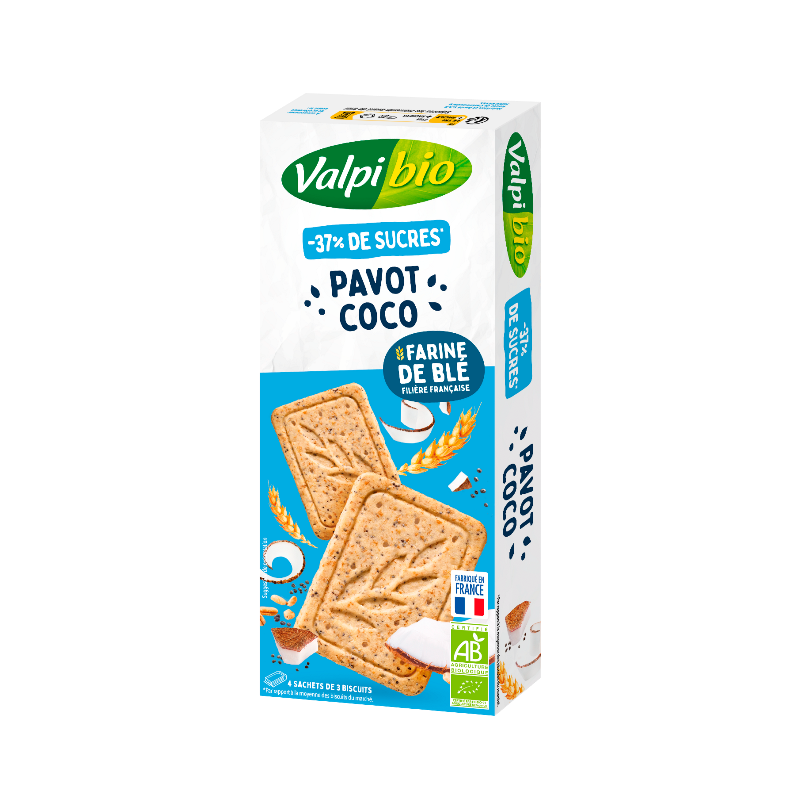 Sablé blé coco pavot réduit en sucres 132g, Valpibio