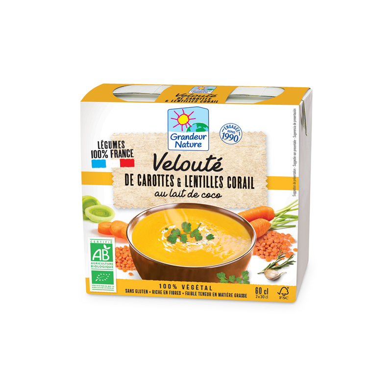 Velouté de carottes et lentilles corail au lait de coco 30cl, Grandeur Nature
