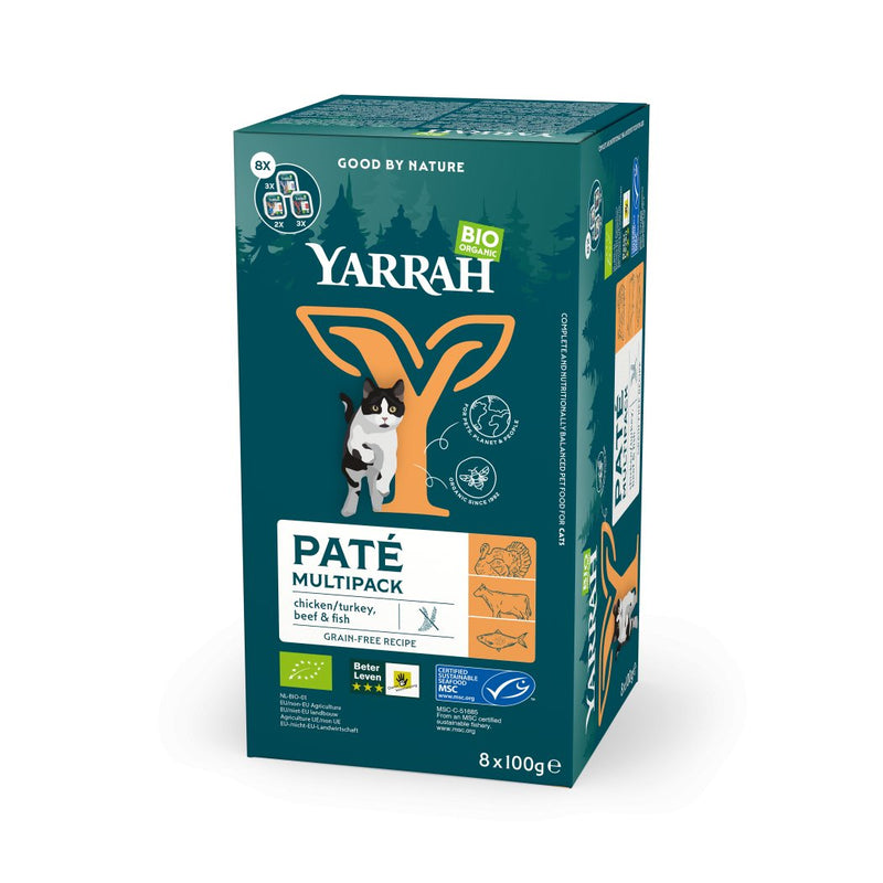 Pack de 8 Pâtées Yarrah Bio 100g Sans Céréales pour Chat Adulte, Yarrah