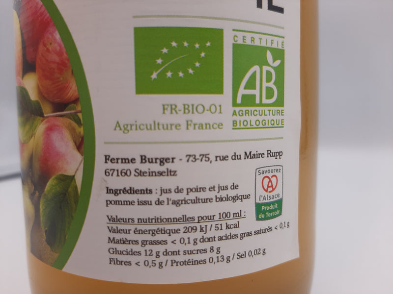 Pur jus de pomme trouble Fermier 100% alsace , 1l, Doris Burger