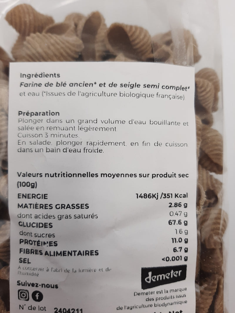 Pâtes, coquillage blé ancien de seigle, 300g, Pais'an
