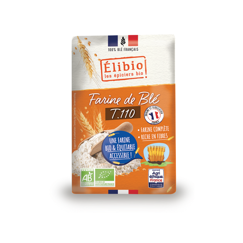 Farine de blé complet T 110, 100% France, 1 kilo, Elibio