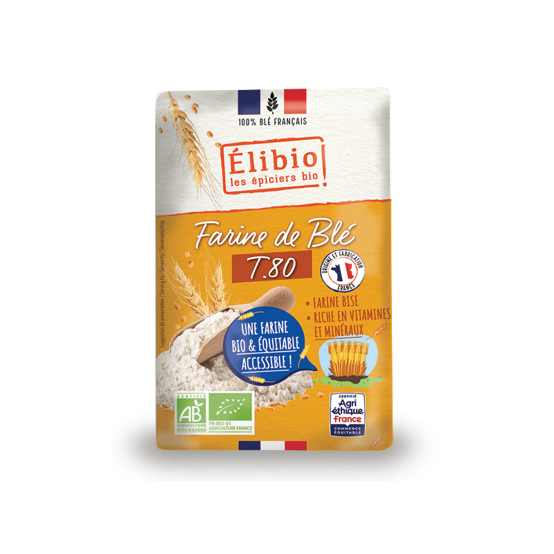Farine de blé T 80, 100% France, 1 kilo, Elibio