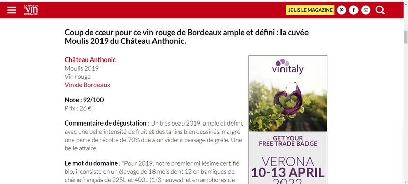 Vin Rouge Bio AOC Moulis en Médoc 2019, Château Anthonic