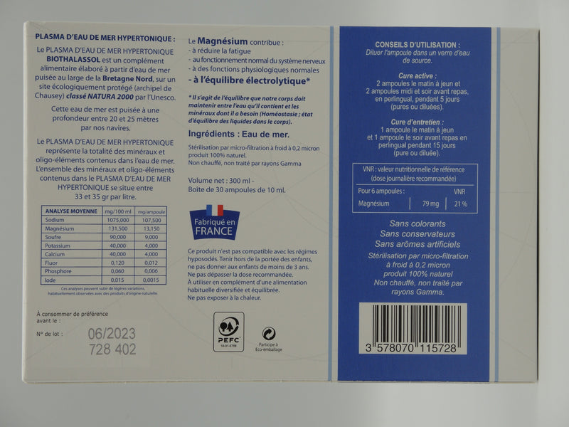 Plasma d'eau de mer Hypertonique, 30 ampoules, Biothalasol