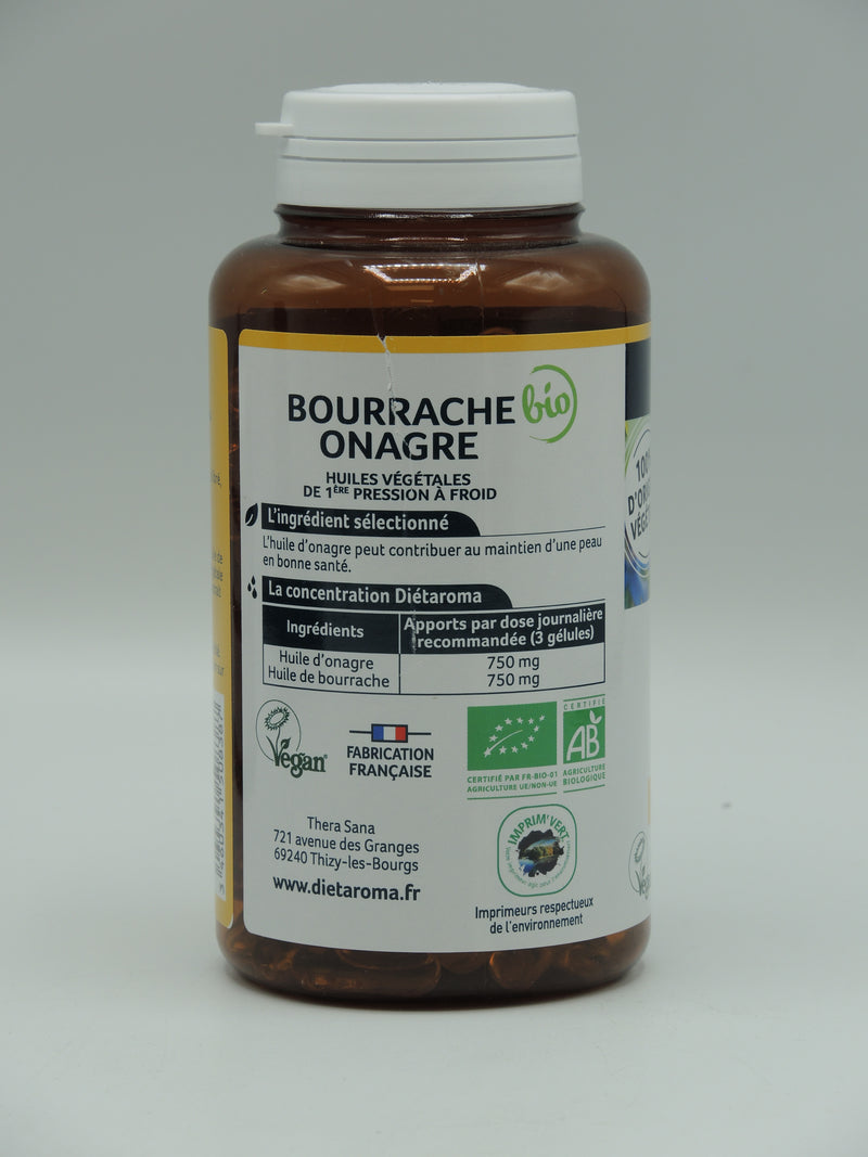 HUILE VÉGÉTALE D'ONAGRE ET BOURRACHE, Beauté de la peau, 180 gélules, Dietaroma