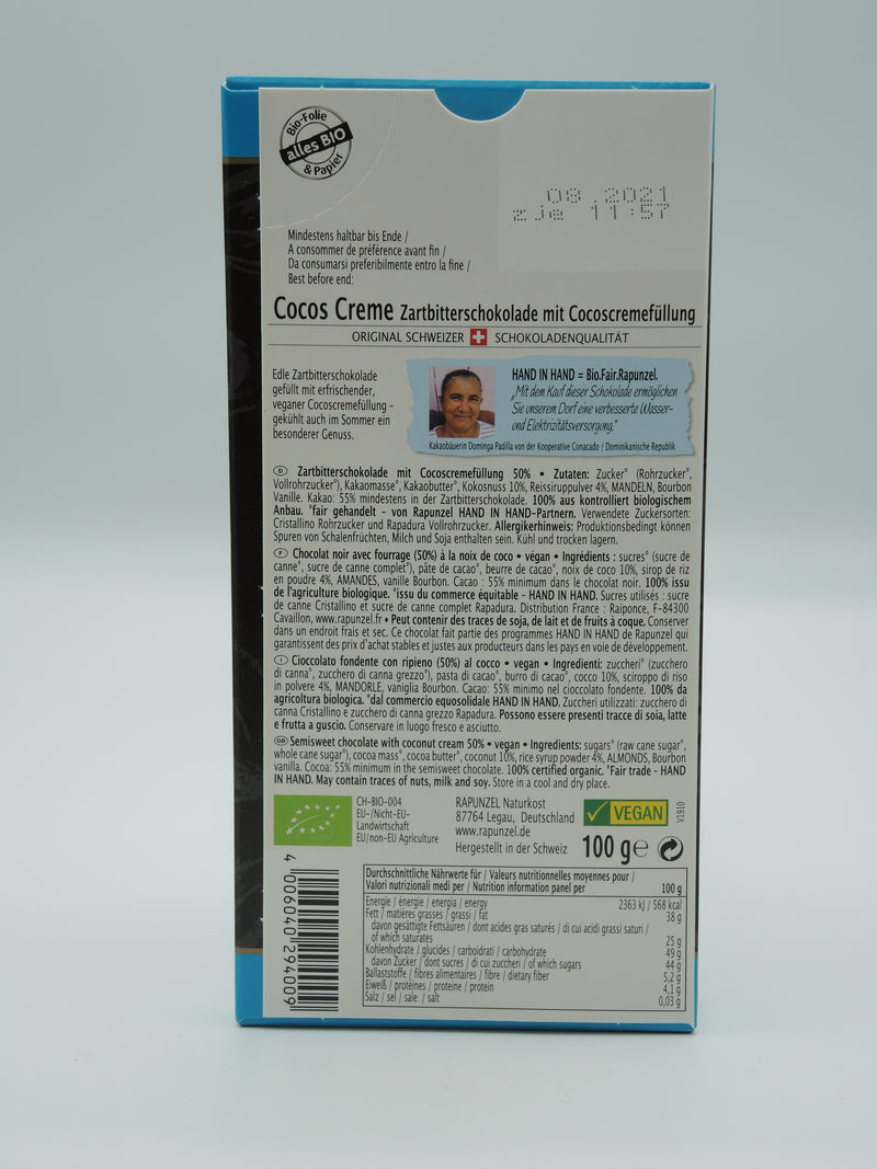 Chocolat noir et crème de coco  100g - Rapunzel