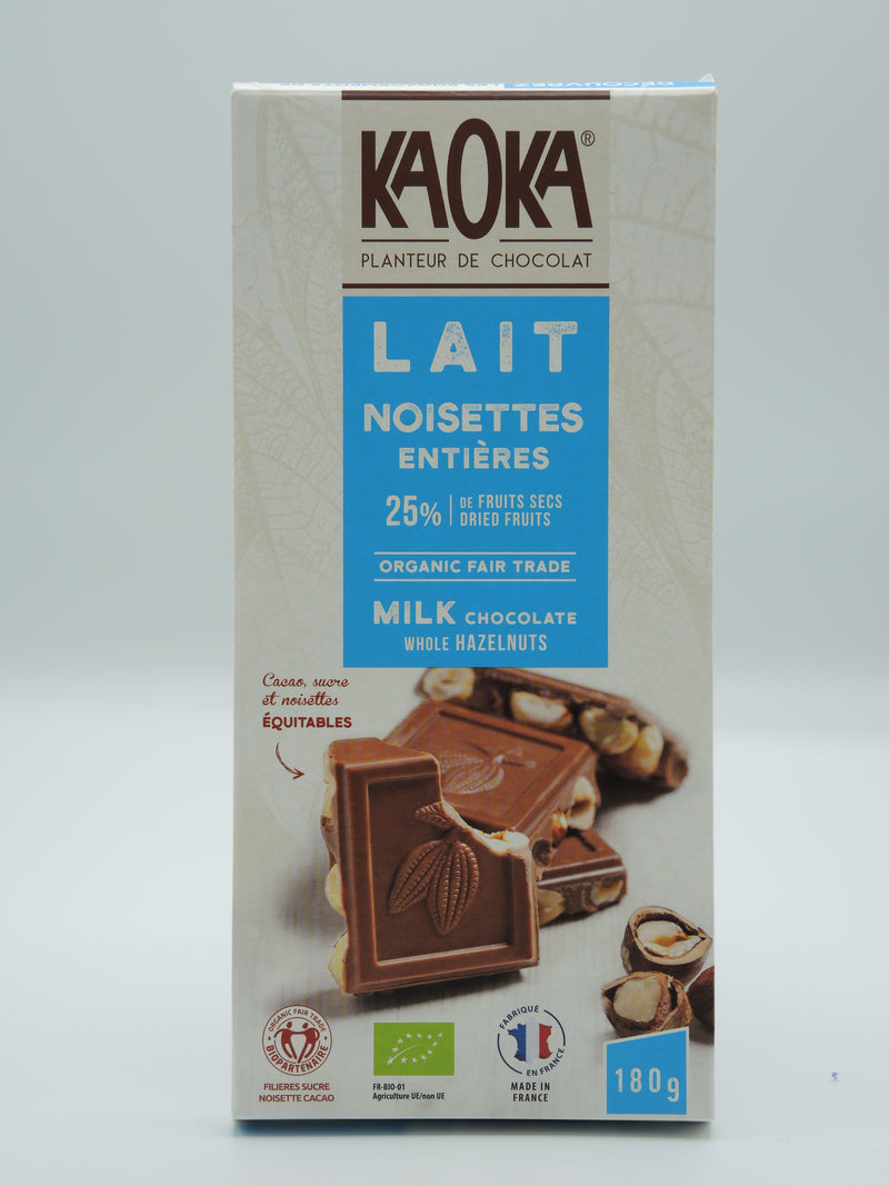 Chocolat au lait et noisettes entières 180g - Kaoka