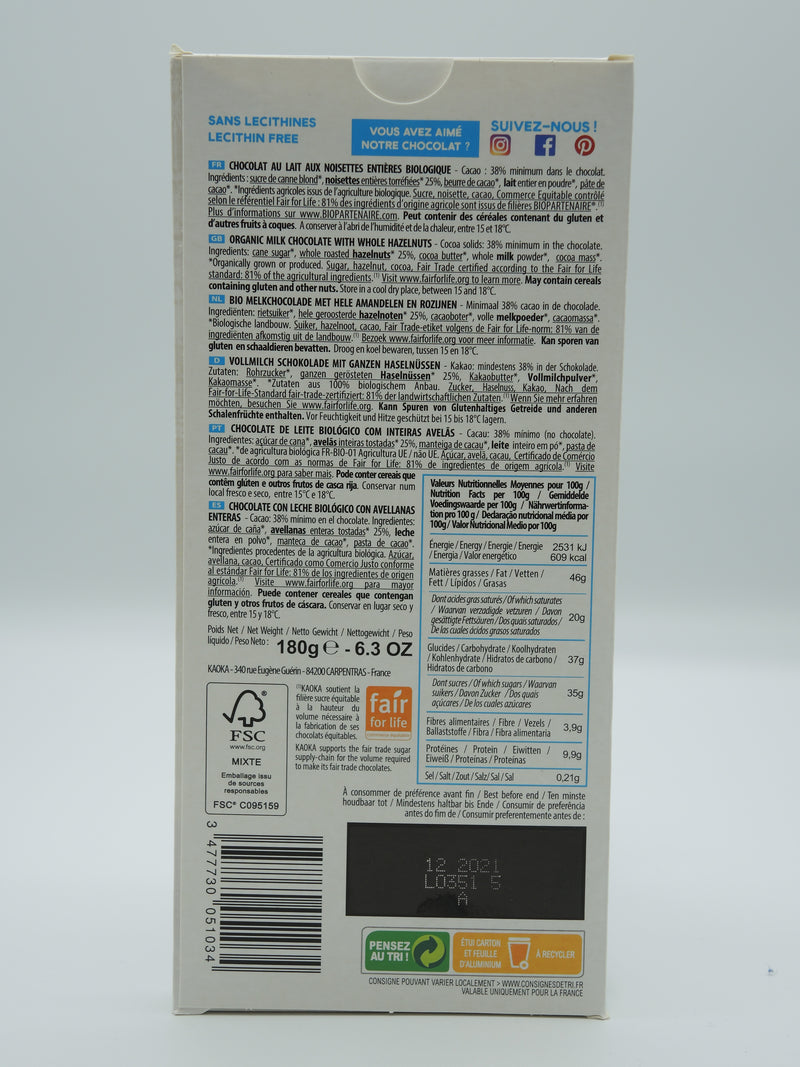 Chocolat au lait et noisettes entières 180g - Kaoka