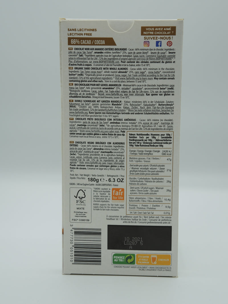 Chocolat noir et amandes entières 180g - Kaoka