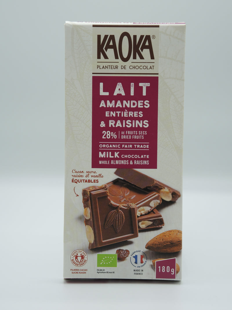 Chocolat au lait amandes entières et raisins 180g - Kaoka