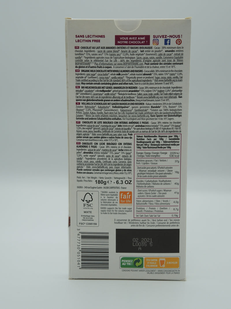 Chocolat au lait amandes entières et raisins 180g - Kaoka