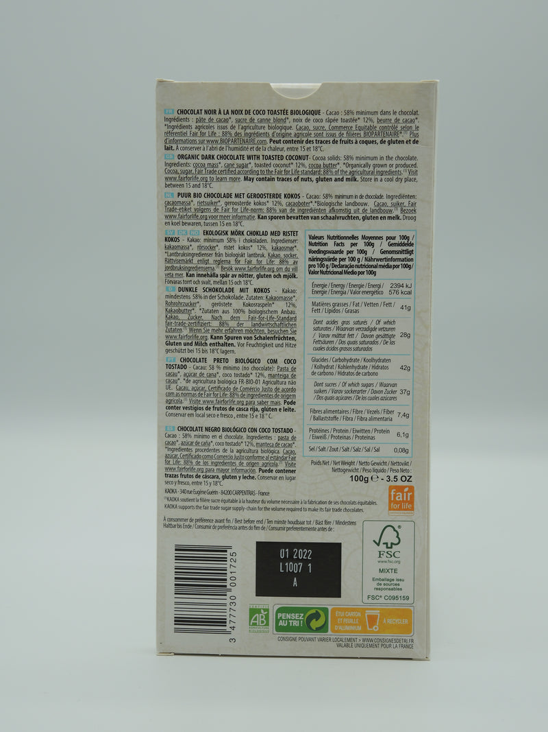 Chocolat noir et noix de coco 100g - Kaoka