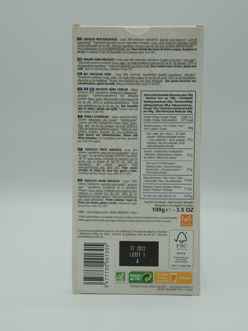 Chocolat noir 80% cacao 100g - Kaoka