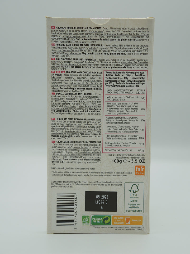 Chocolat noir framboises 100g - Kaoka