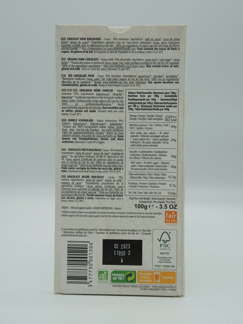 Chocolat noir 70% cacao 100g - Kaoka