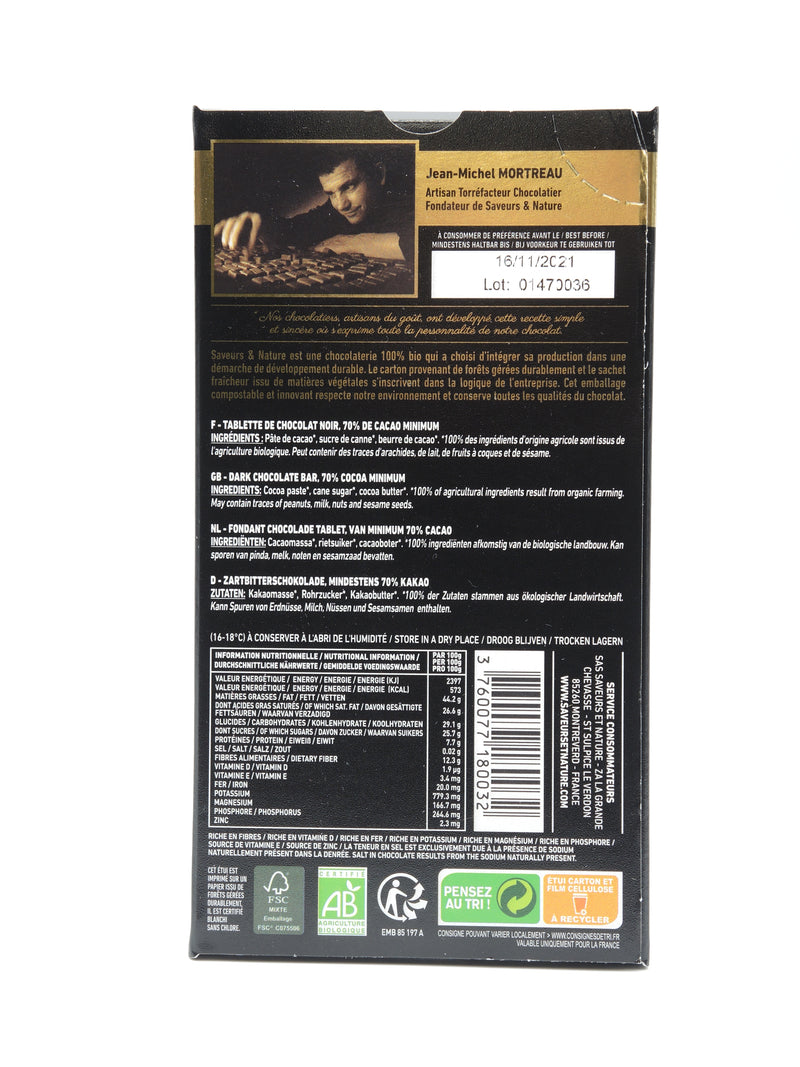 Tablette de chocolat noir 70% de cacao, 100g - Saveurs et Nature