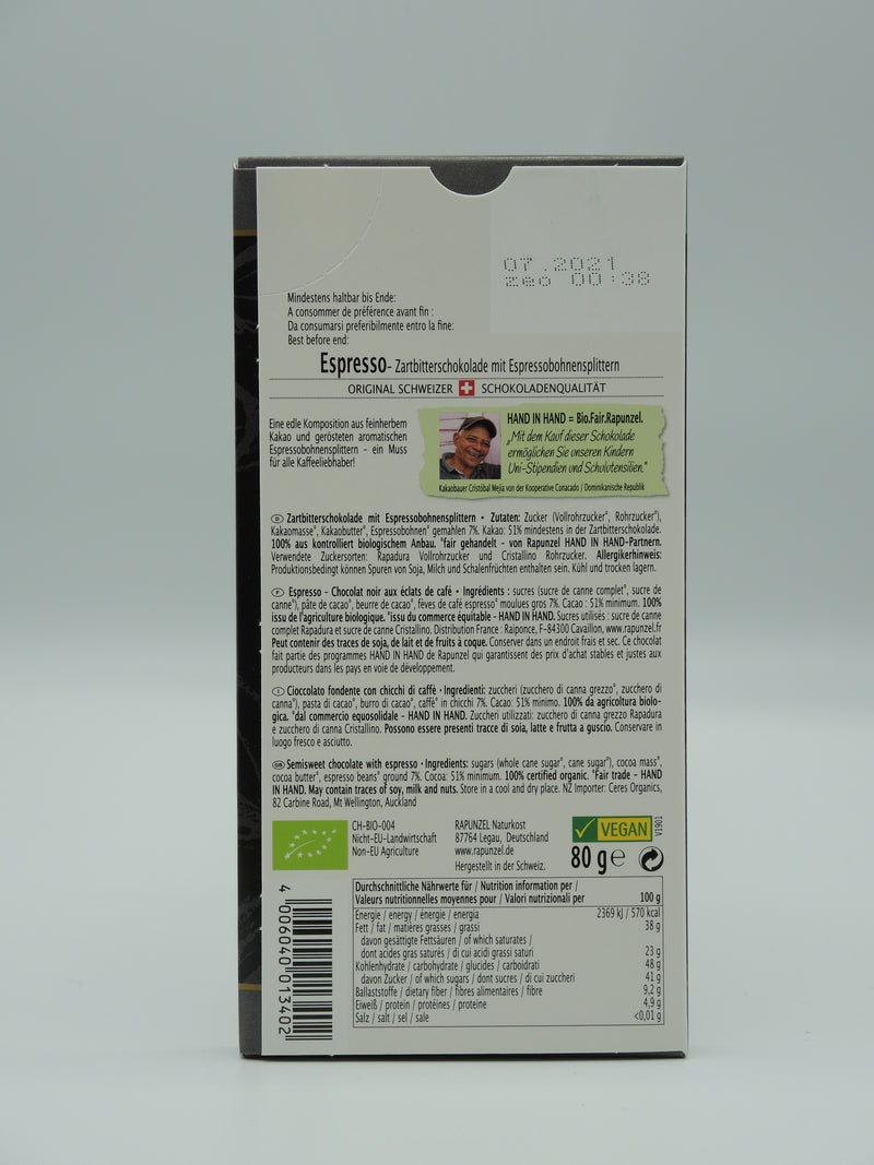 Chocolat noir aux éclats de café, 80g, Rapunzel