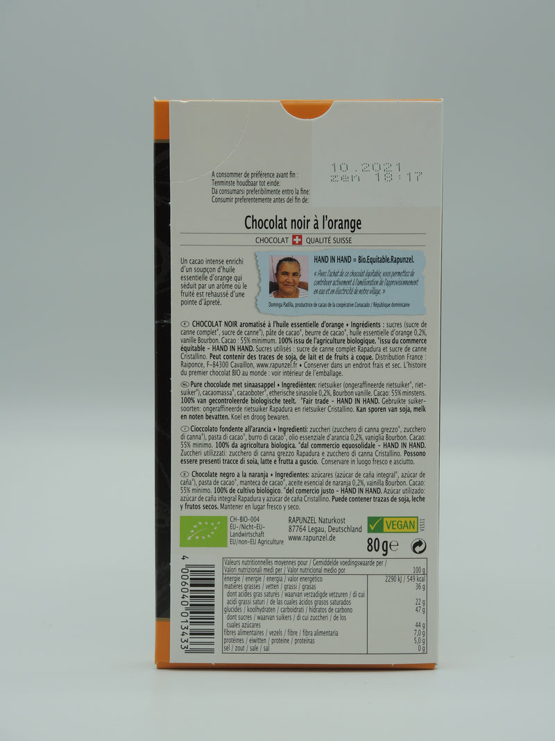 Chocolat noir à l'orange, 80g, Rapunzel