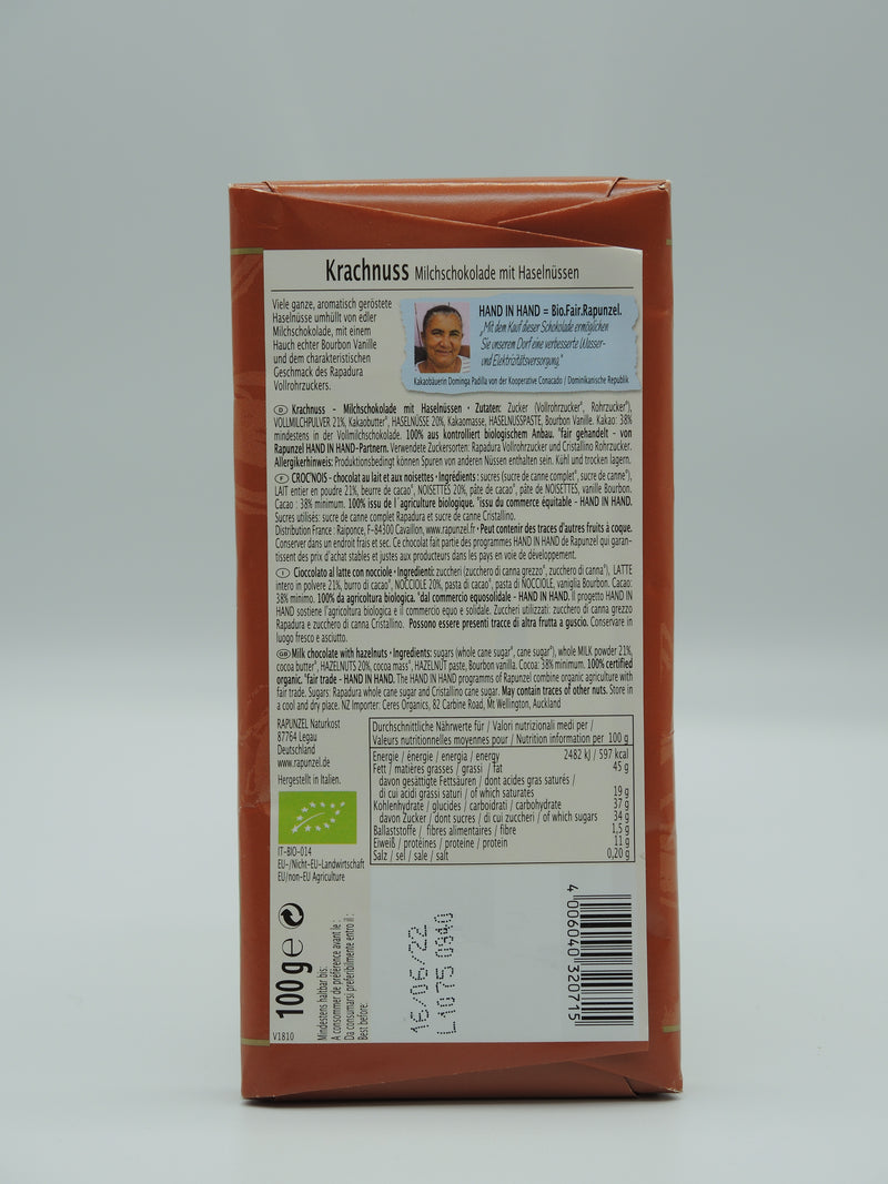 Chocolat au lait et noisettes entières “CROC'NOIS”, 100g, Rapunzel