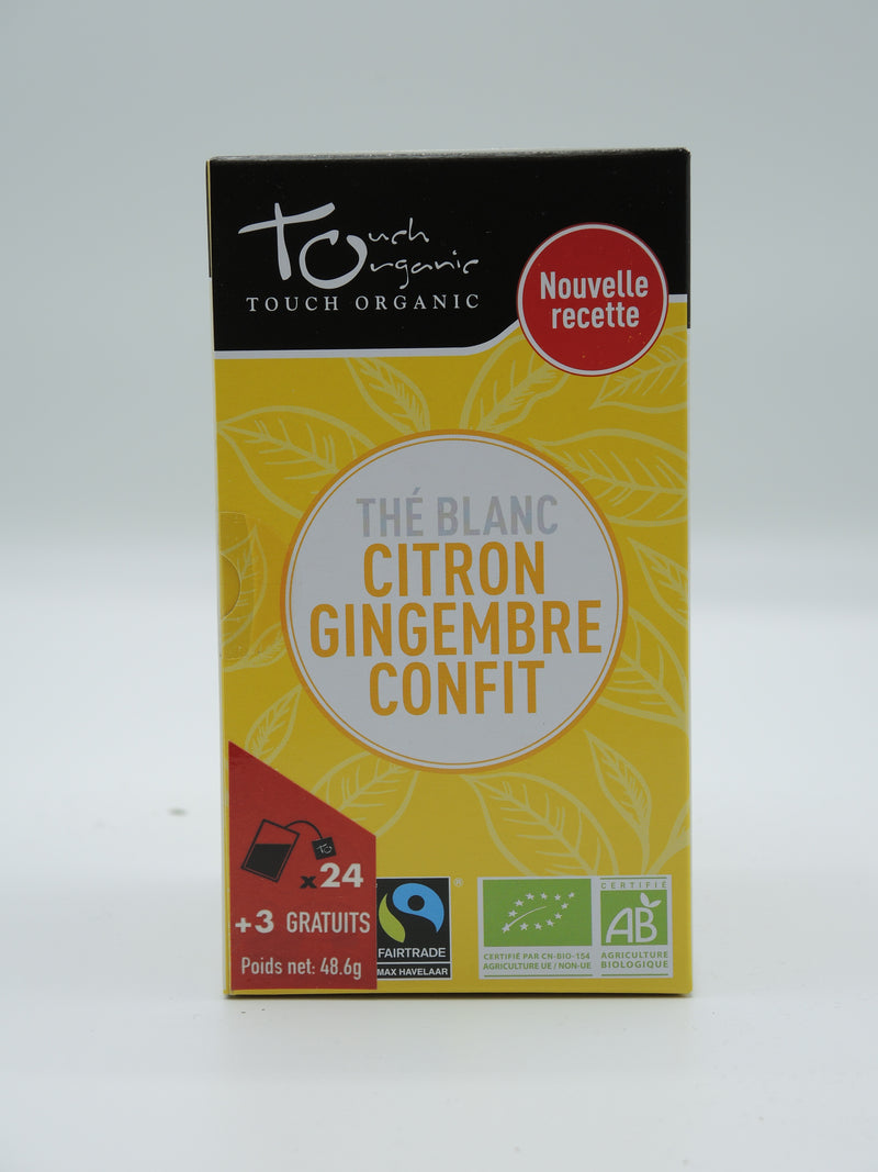 Thé blanc au citron et gingembre confit, infusettes, Touch Organic