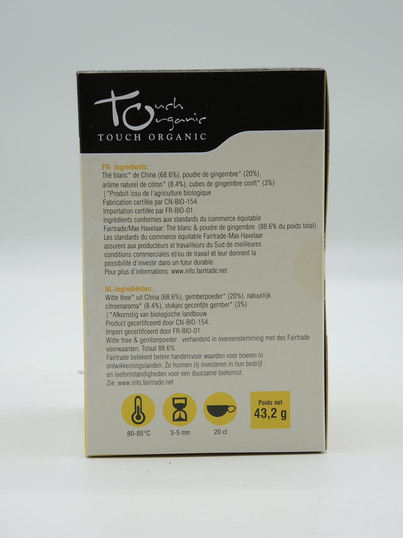 Thé blanc au citron et gingembre confit, infusettes, Touch Organic