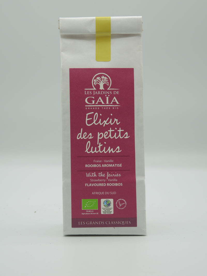 Rooibos bio Elixir des petits lutins Fraise - Vanille, 100g, Jardins de Gaïa