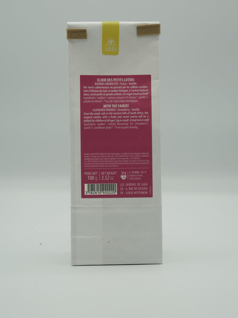 Rooibos bio Elixir des petits lutins Fraise - Vanille, 100g, Jardins de Gaïa