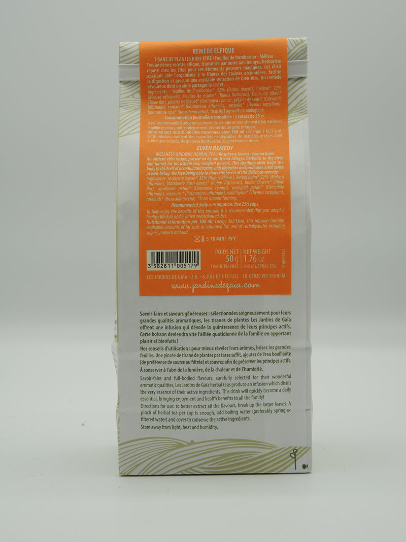 Tisane de plantes bio Remède elfique Bien-être / Feuilles de framboisier - Mélisse, 50g, Jardins de Gaïa