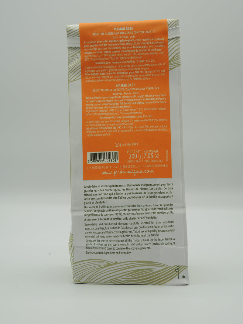 Tisane de plantes bio Maman Baby, 200g Allaitement & Confort digestif / Carvi - Fenouil - Anis, Jardins de Gaïa