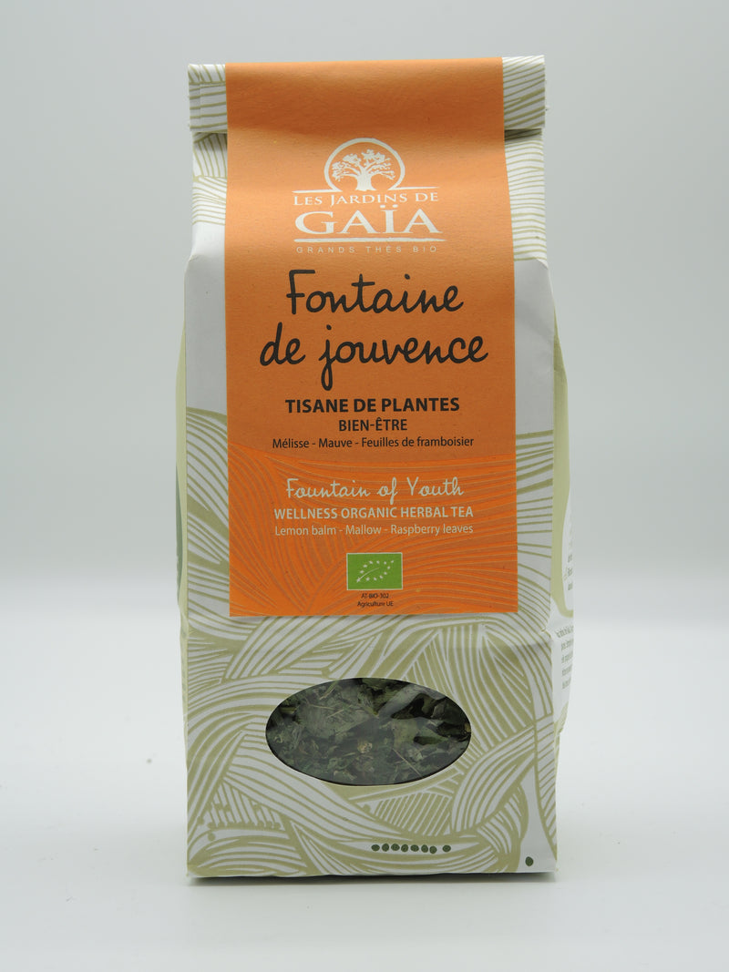 Tisane de plantes bio Fontaine de jouvence, 50g, bien-être / Mélisse - Mauve - Feuilles de framboisier , Jardins de Gaïa