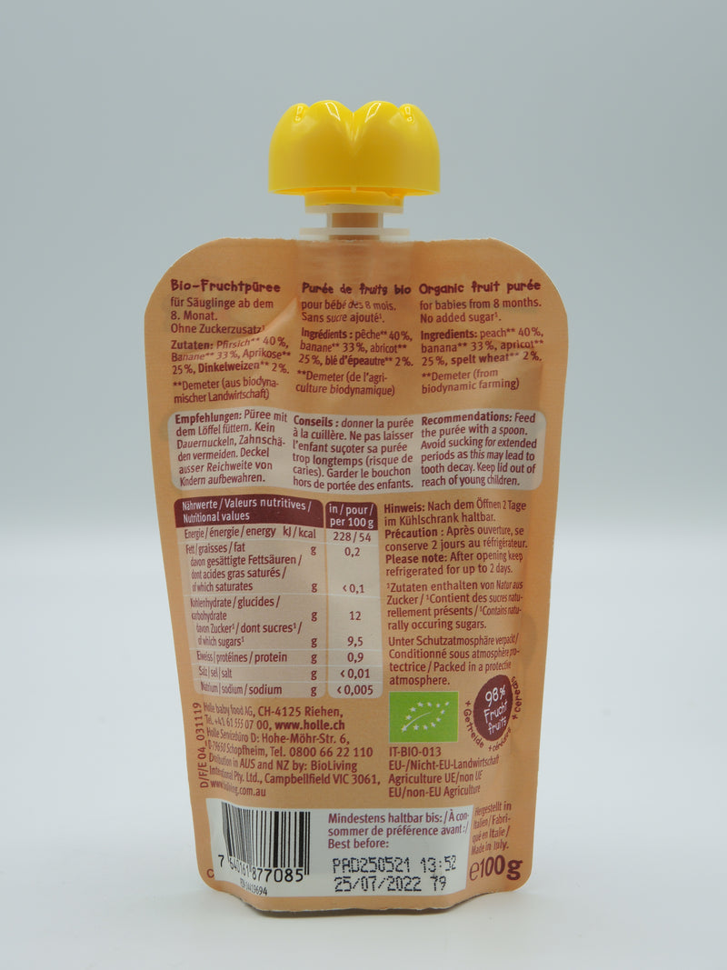 Panda Peach - Gourde pêche, abricot, banane et épeautre, 100g, Holle