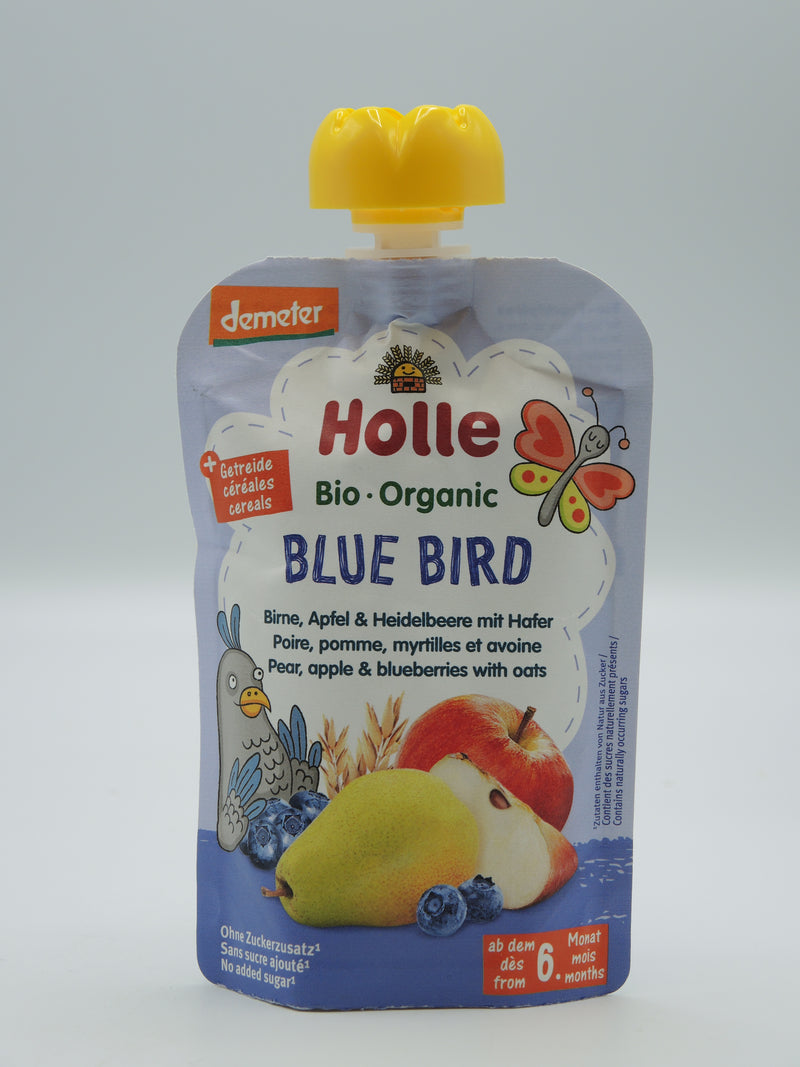Blue Bird - Gourde poire, pomme, myrtilles et avoine, 100g, Holle