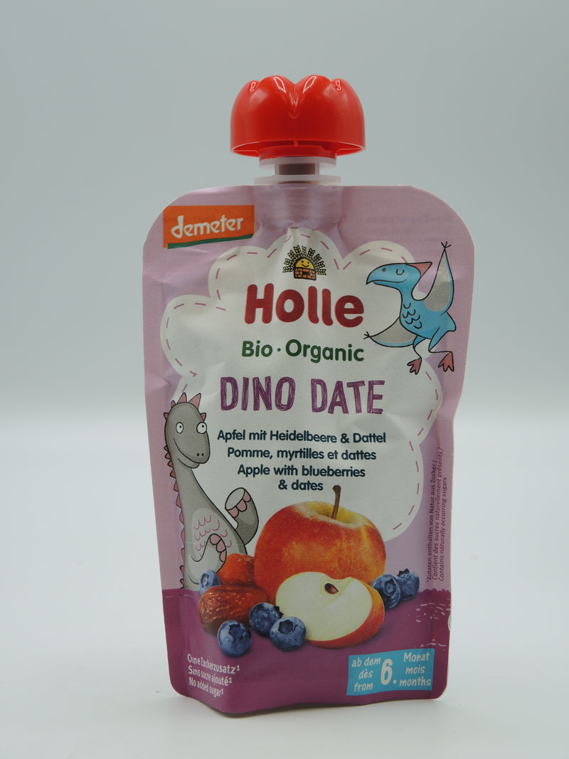 Dino Date - Gourde pomme, myrtilles et dattes, 100g, Holle