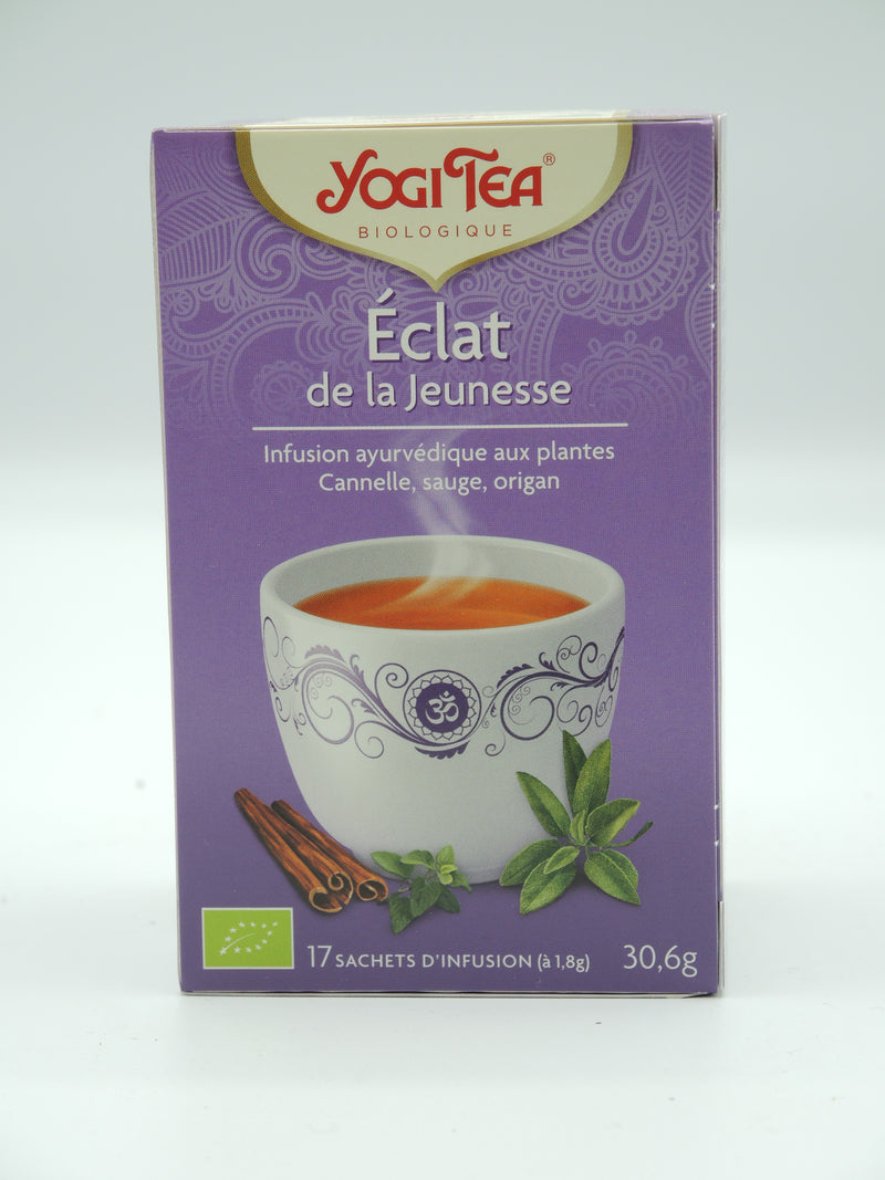 Infusion ayurvédique, Eclat de la jeunesse, cannelle, sauge, origan, Yogi Tea, infusettes