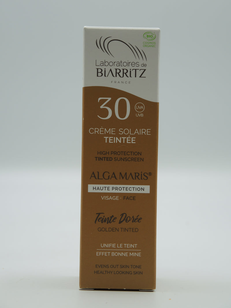 CRÈME SOLAIRE VISAGE TEINTÉE SPF30 CERTIFIÉE BIO, Teinte dorée, 50ml, Laboratoires de Biarritz