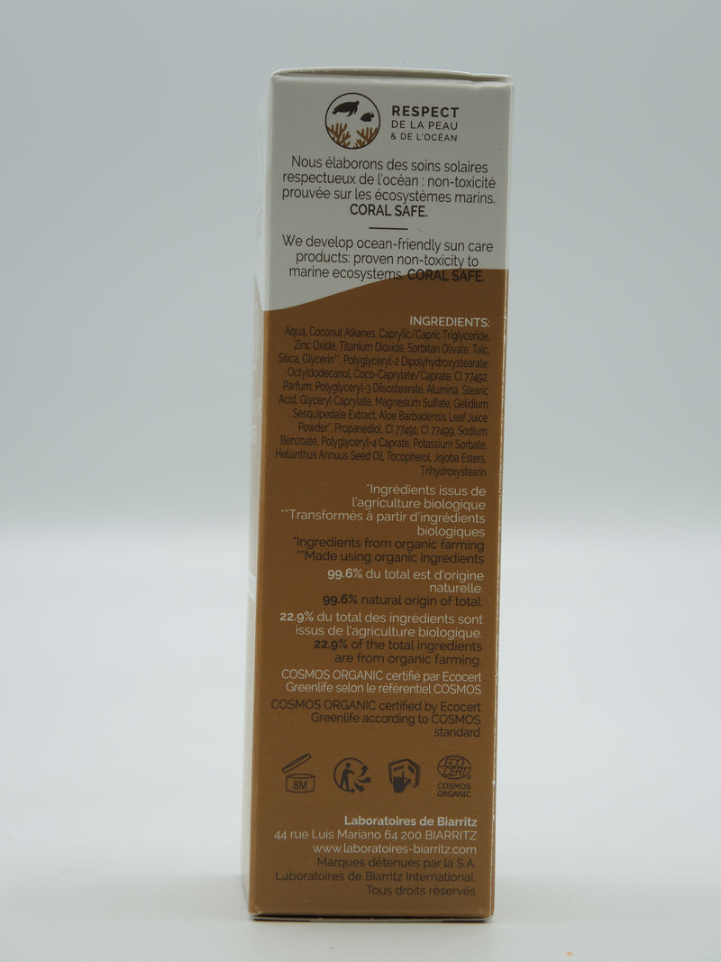 CRÈME SOLAIRE VISAGE TEINTÉE SPF30 CERTIFIÉE BIO, Teinte dorée, 50ml, Laboratoires de Biarritz